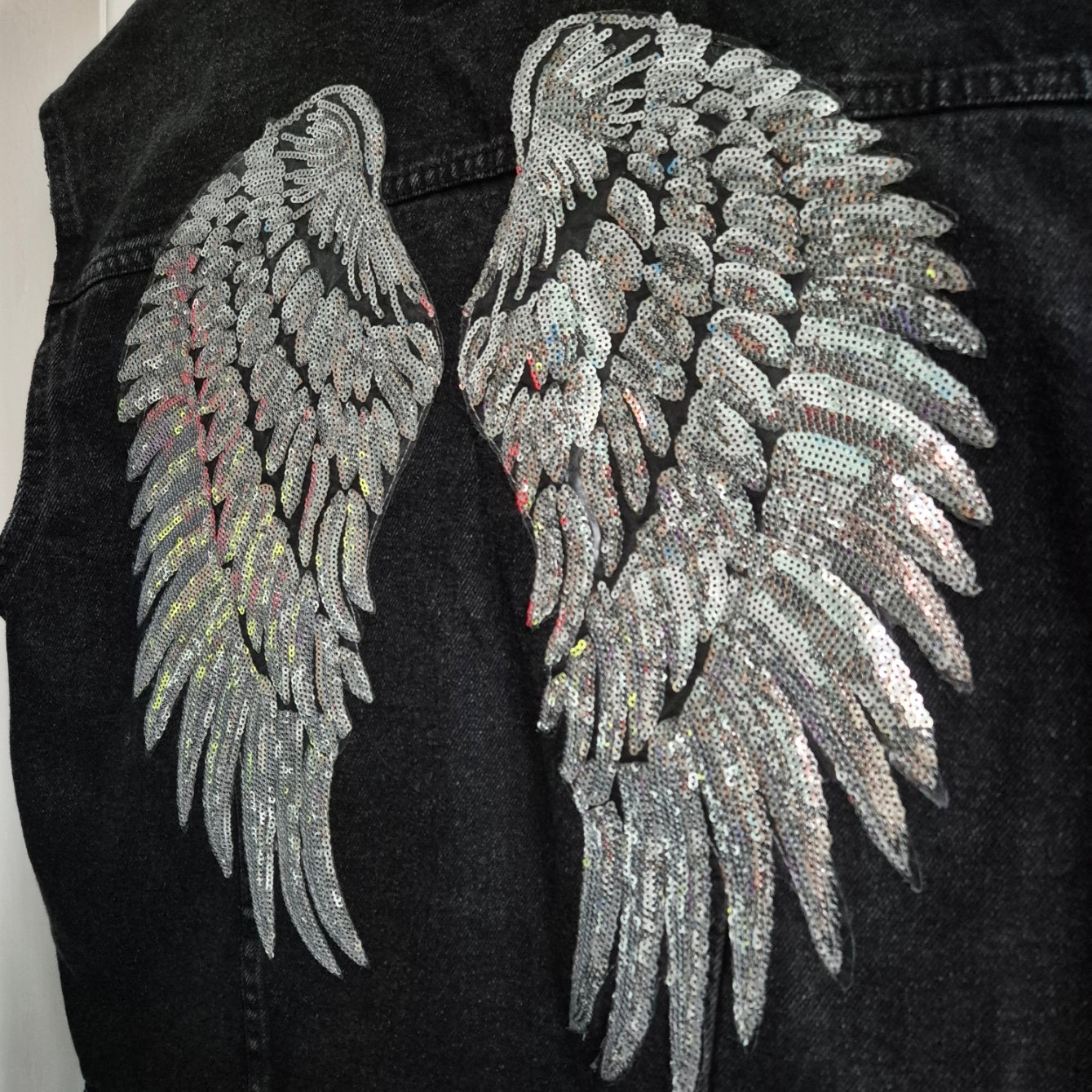 Silver Sequin Angel Wing Black Denim Waistcoat - Size 16