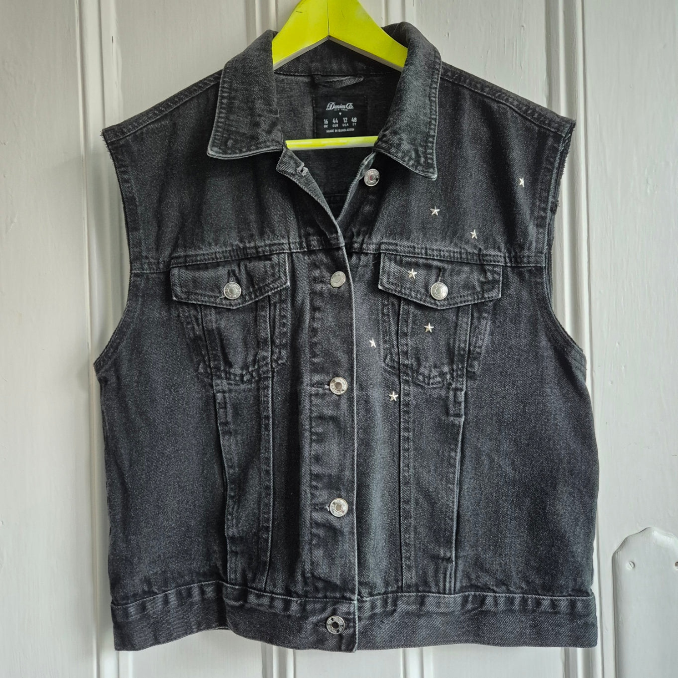 Silver Sequin Angel Wing Black Denim Waistcoat - Size 16