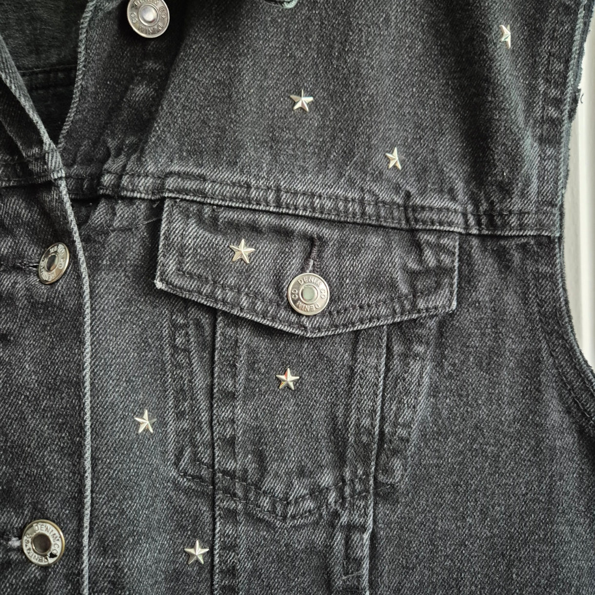 Silver Sequin Angel Wing Black Denim Waistcoat - Size 16