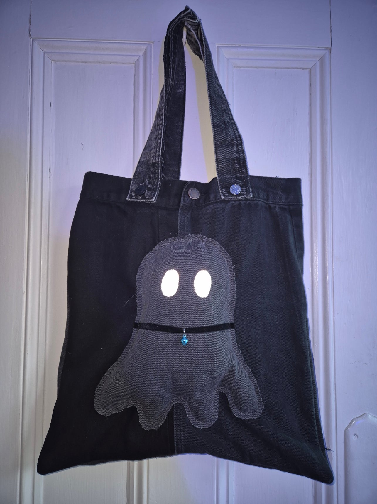 Ghostly Plush Denim Tote Bag