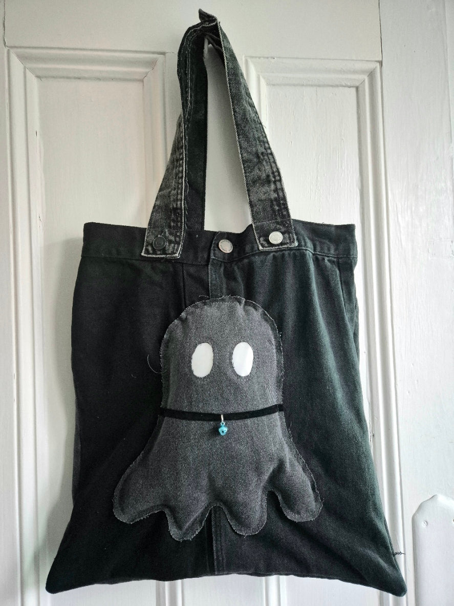 Ghostly Plush Denim Tote Bag