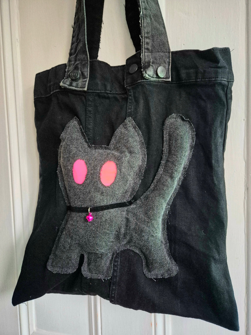 Glow Kitty Denim Tote Bag - UV pink