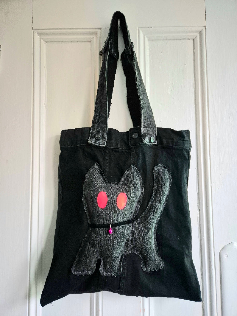 Glow Kitty Denim Tote Bag - UV pink
