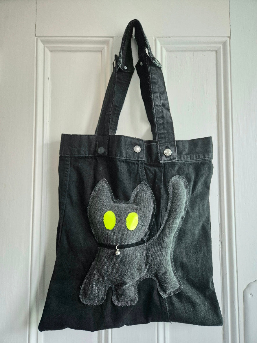 Glow Kitty Denim Tote Bag - Acid Yellow