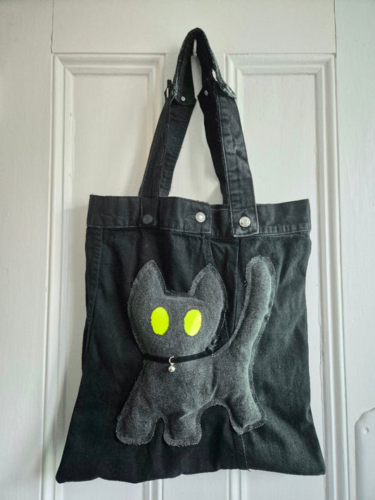 Glow Kitty Denim Tote Bag - Acid Yellow